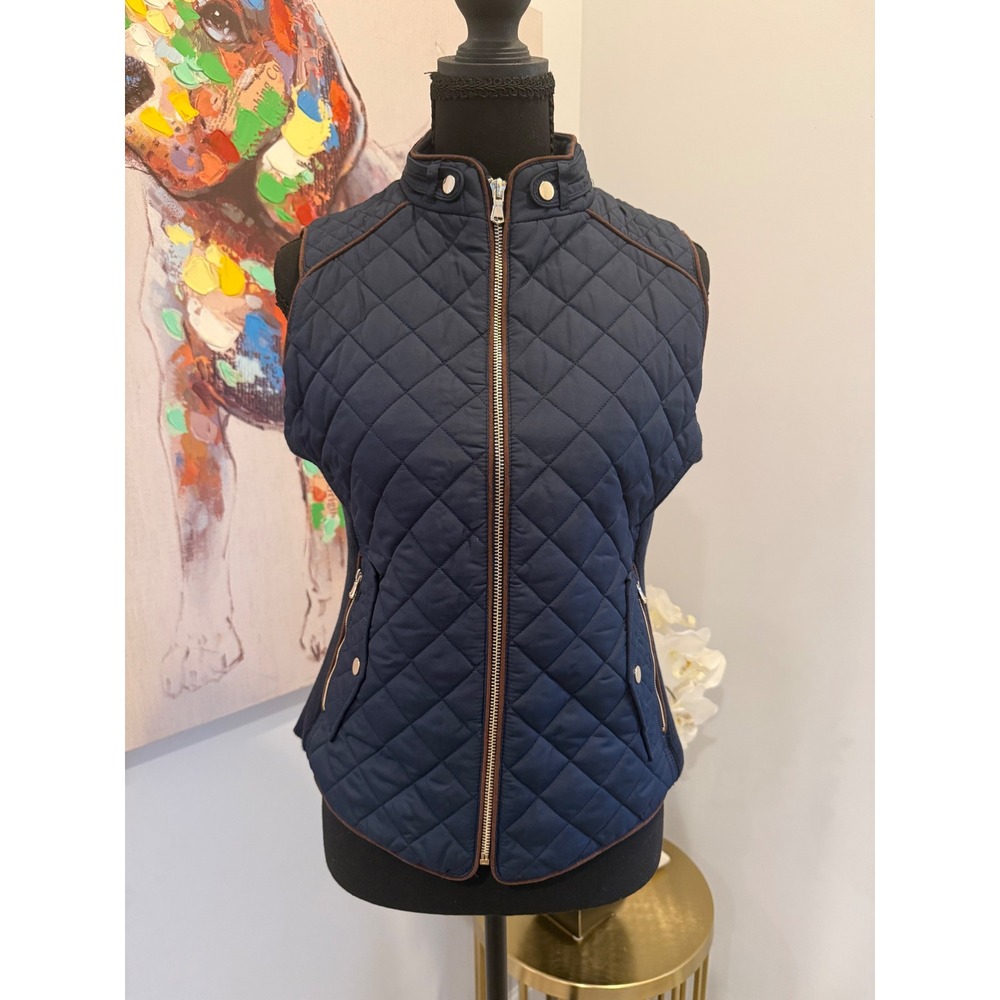 Active USA Navy Blue Quilted Equestrian Vest Brown Trim, Small NWT